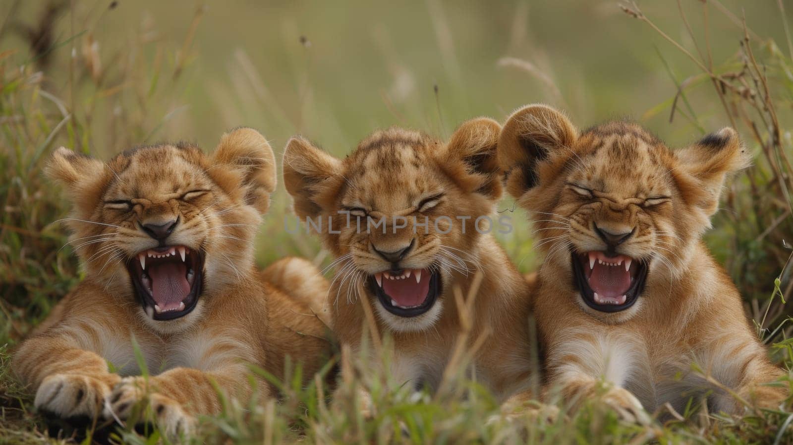 Three lion cubs are laying in the grass with their mouths open