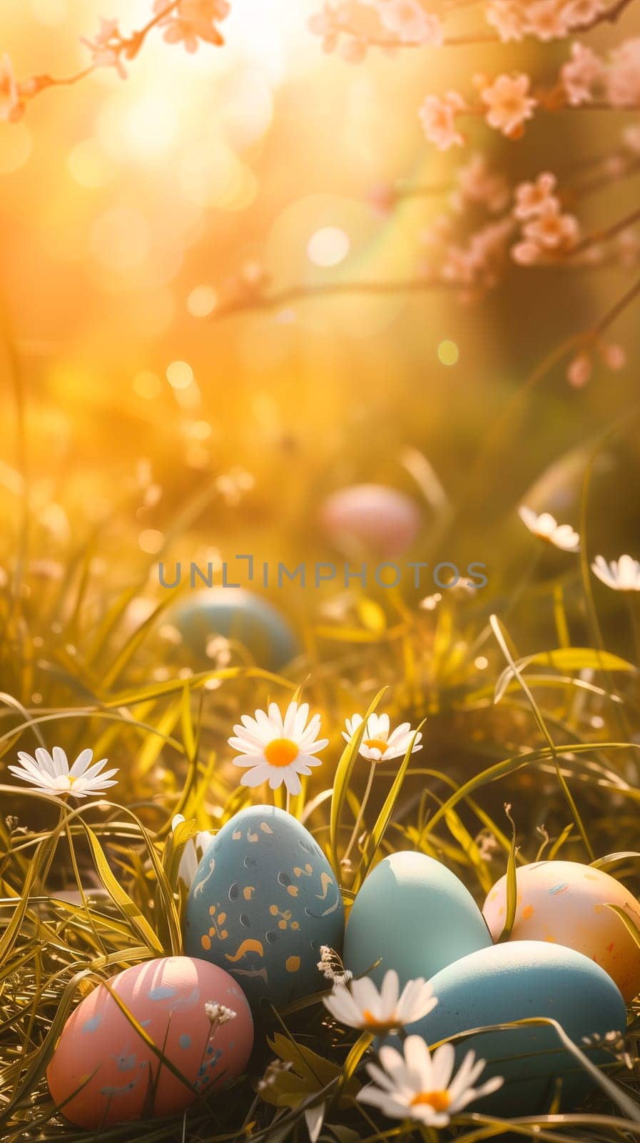 Easter eggs in grass with sunlight background ai generated image