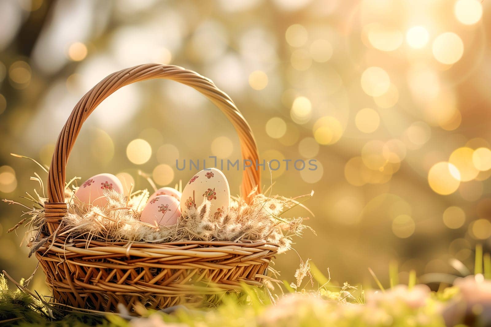 Easter eggs in grass with sunlight background ai generated image