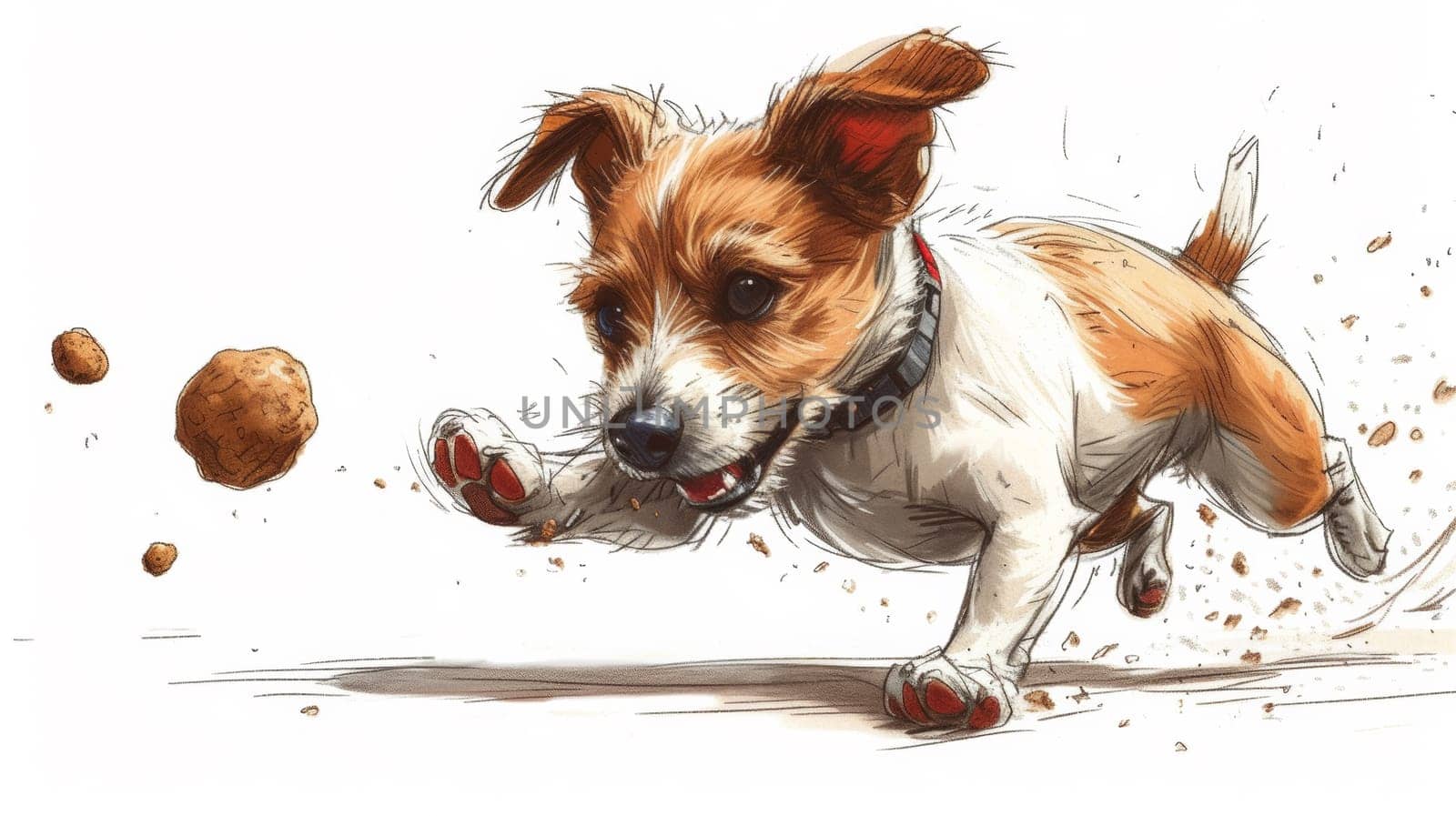 A drawing of a dog running with his paws out to catch something, AI by starush
