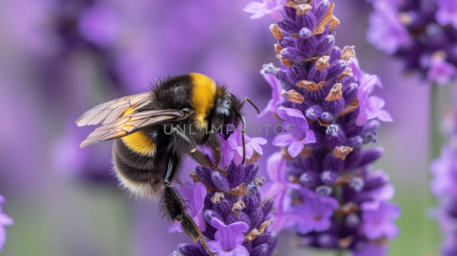A bee is on a purple flower with green leaves