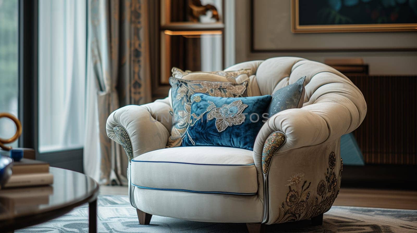 A chair with a blue pillow and white throw in front of the window