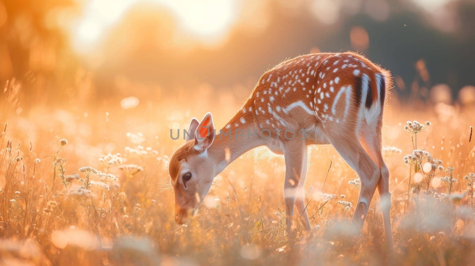 A small deer grazing in a field of tall grass
