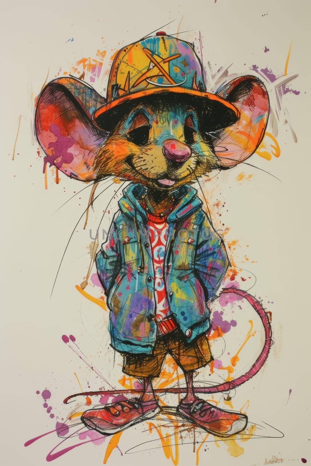 A painting of a mouse wearing clothes and hat standing on the ground, AI by starush