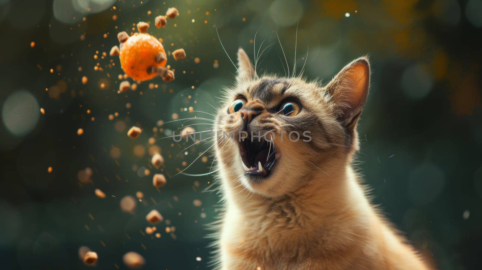 A cat is looking at a orange ball that it wants to eat