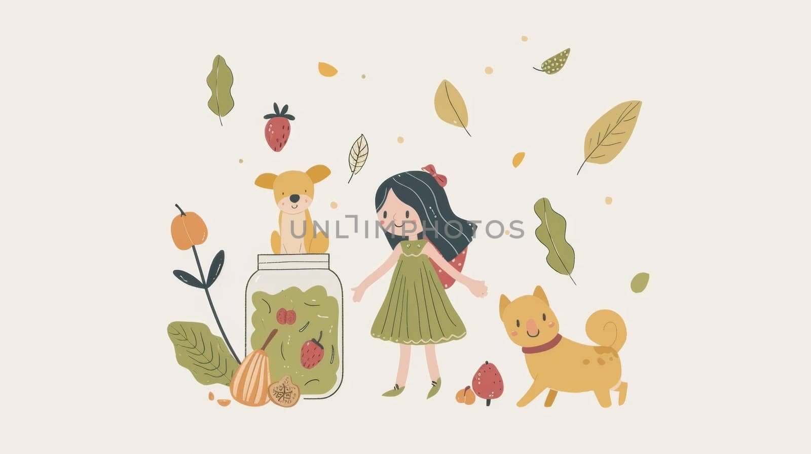 A girl with a cat and dog in front of jars