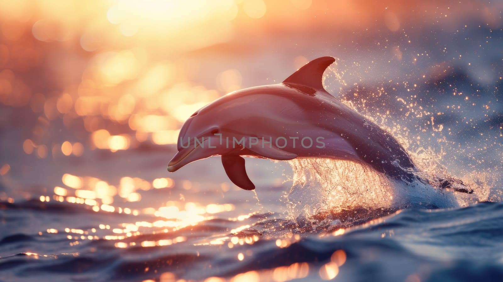 A dolphin jumping out of the water in a sunset