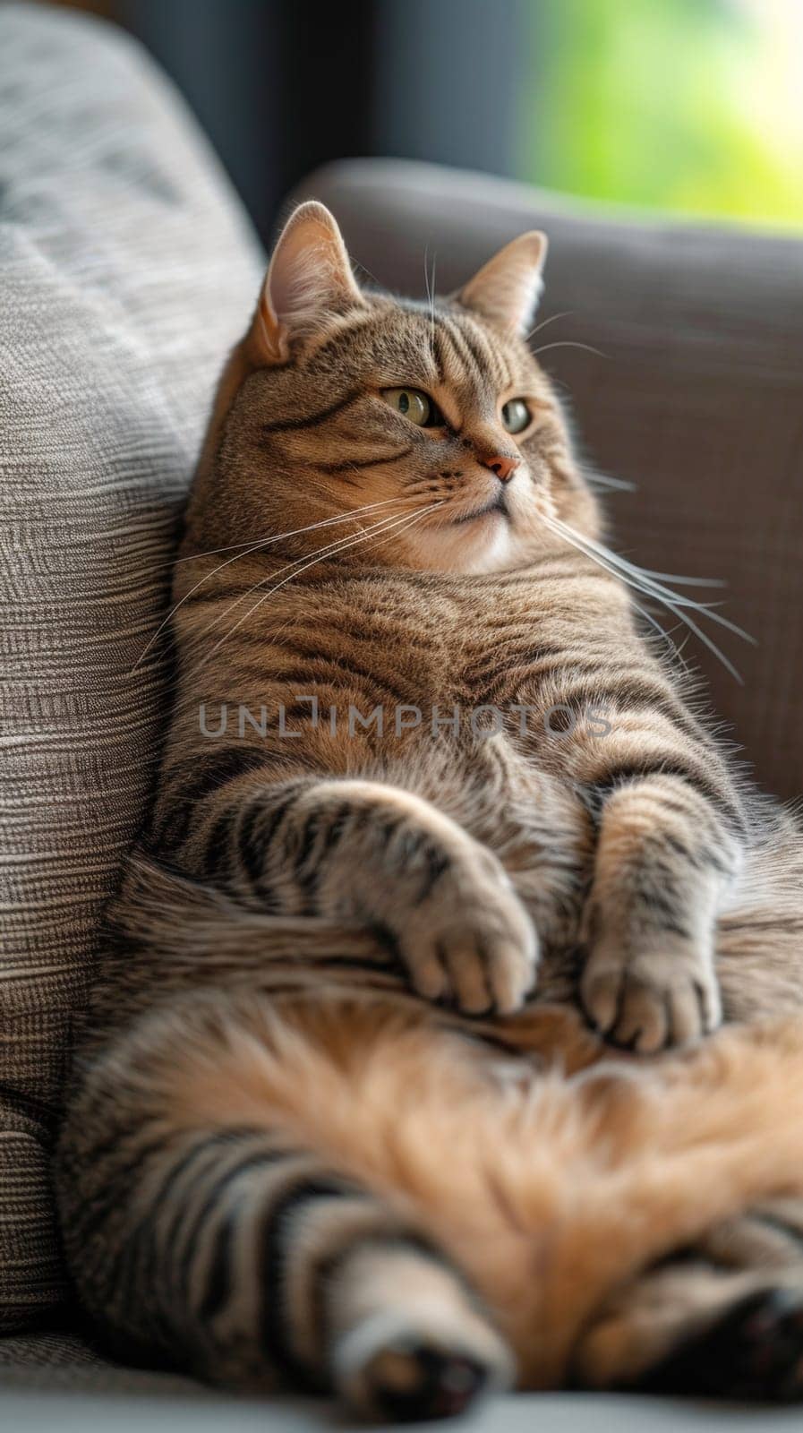 A cat sitting on a couch with its legs crossed