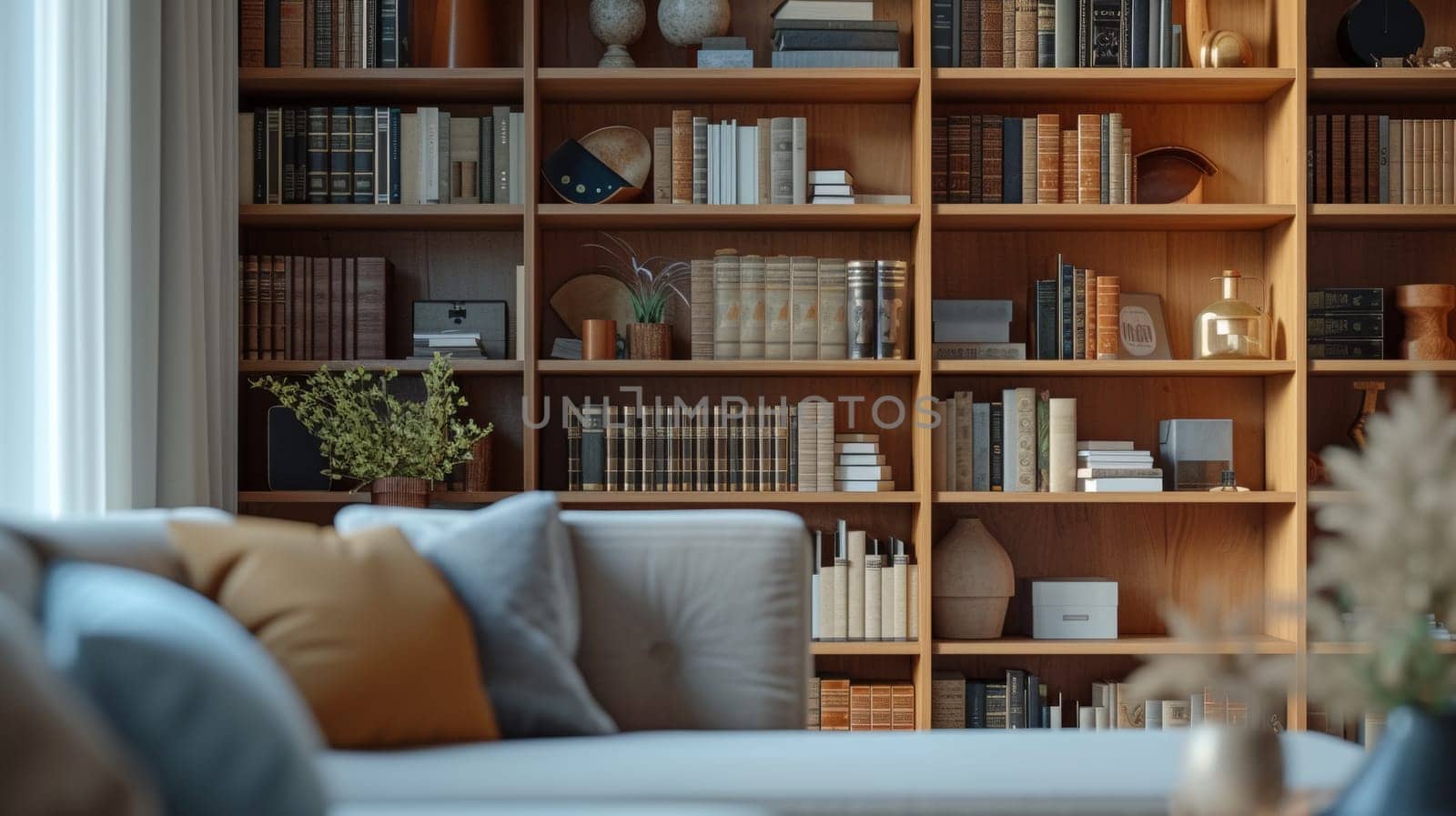 A living room with a couch and bookshelf filled with many different kinds of books
