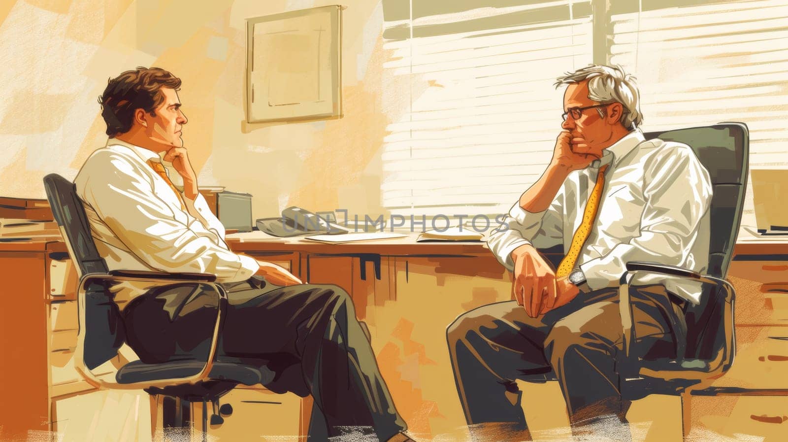 A painting of two men sitting in a chair talking to each other