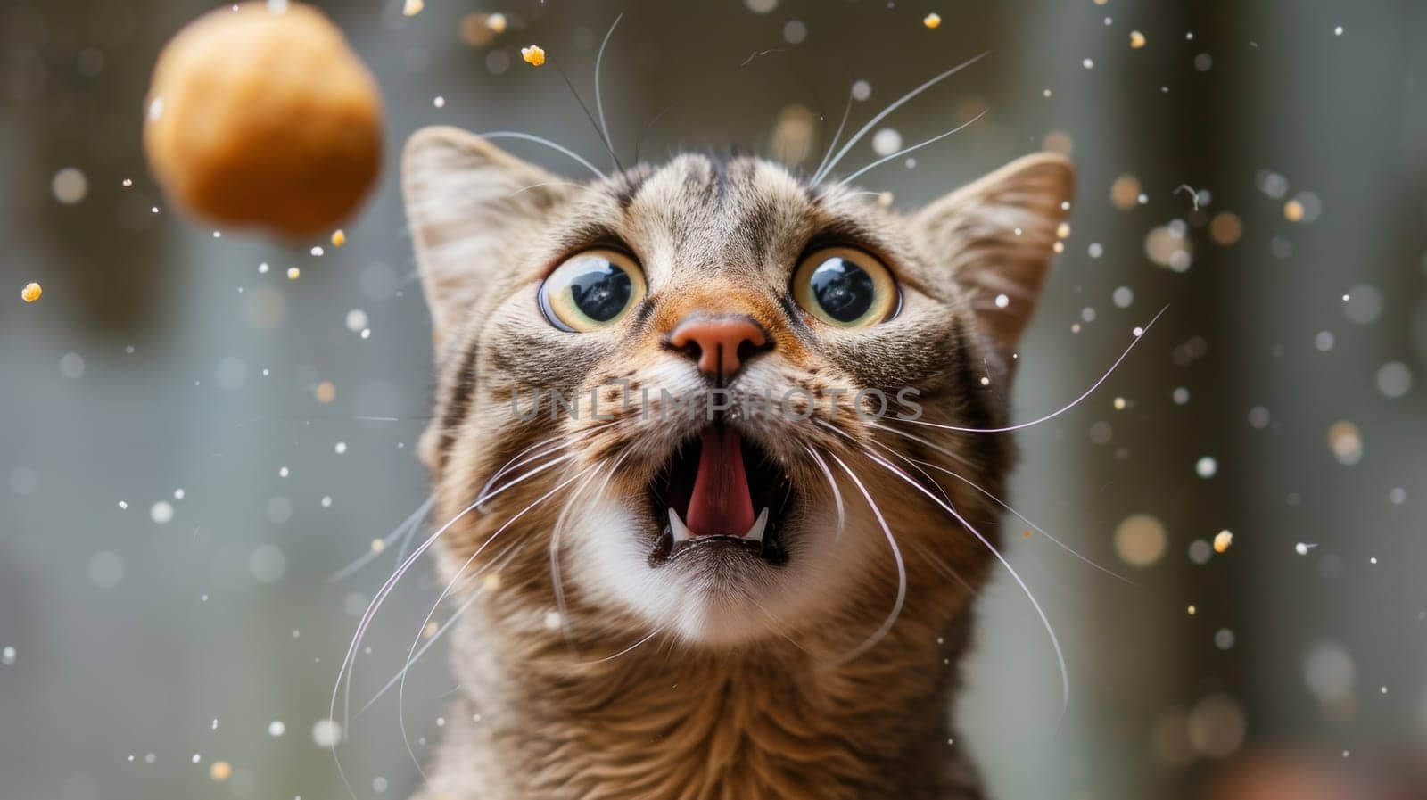 A cat with its mouth open and a ball of food in the air