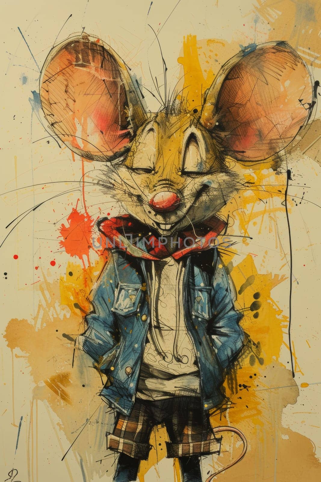 A painting of a mouse wearing clothes and standing on the ground, AI by starush