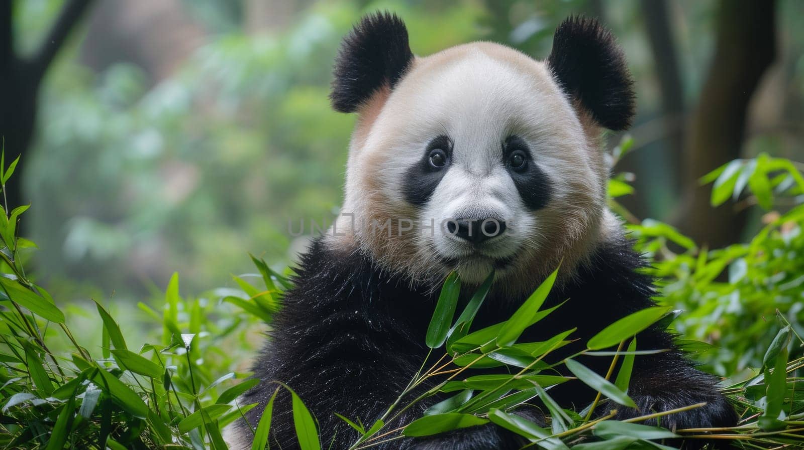 A panda bear sitting in the middle of a forest with green leaves, AI by starush