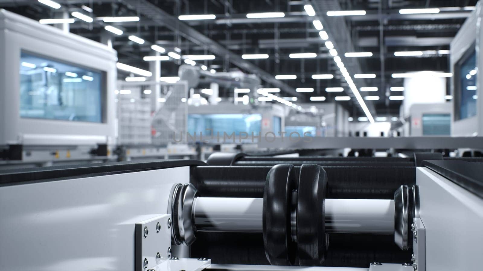 Focus on conveyor belt in cutting edge solar panel factory used for photovoltaic modules. Close up of assembly lines in sustainable energy based facility used for producing PV cells, 3D illustration