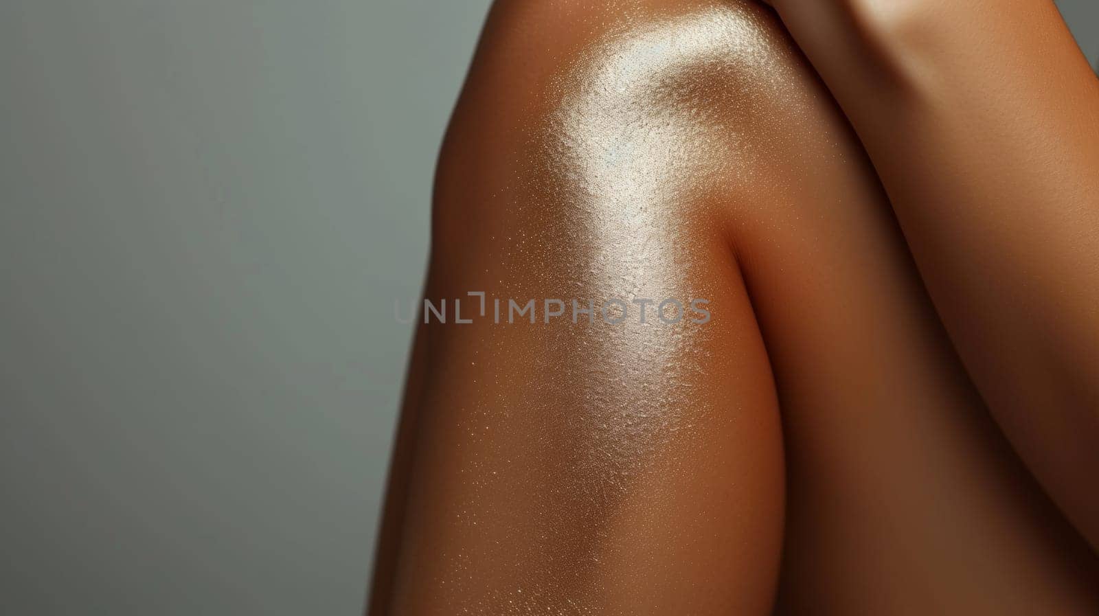 A close up of a woman's legs with shiny skin