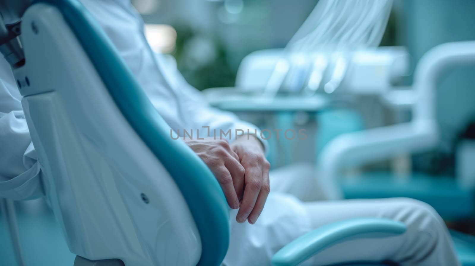 A person sitting in a dentist chair with their hands on the armrest