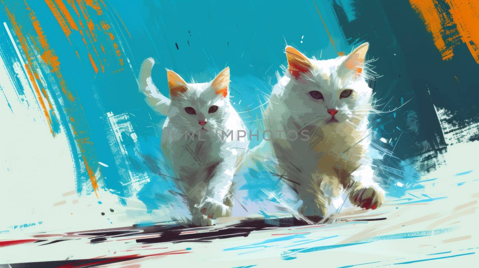 Two white cats running together in a colorful painting