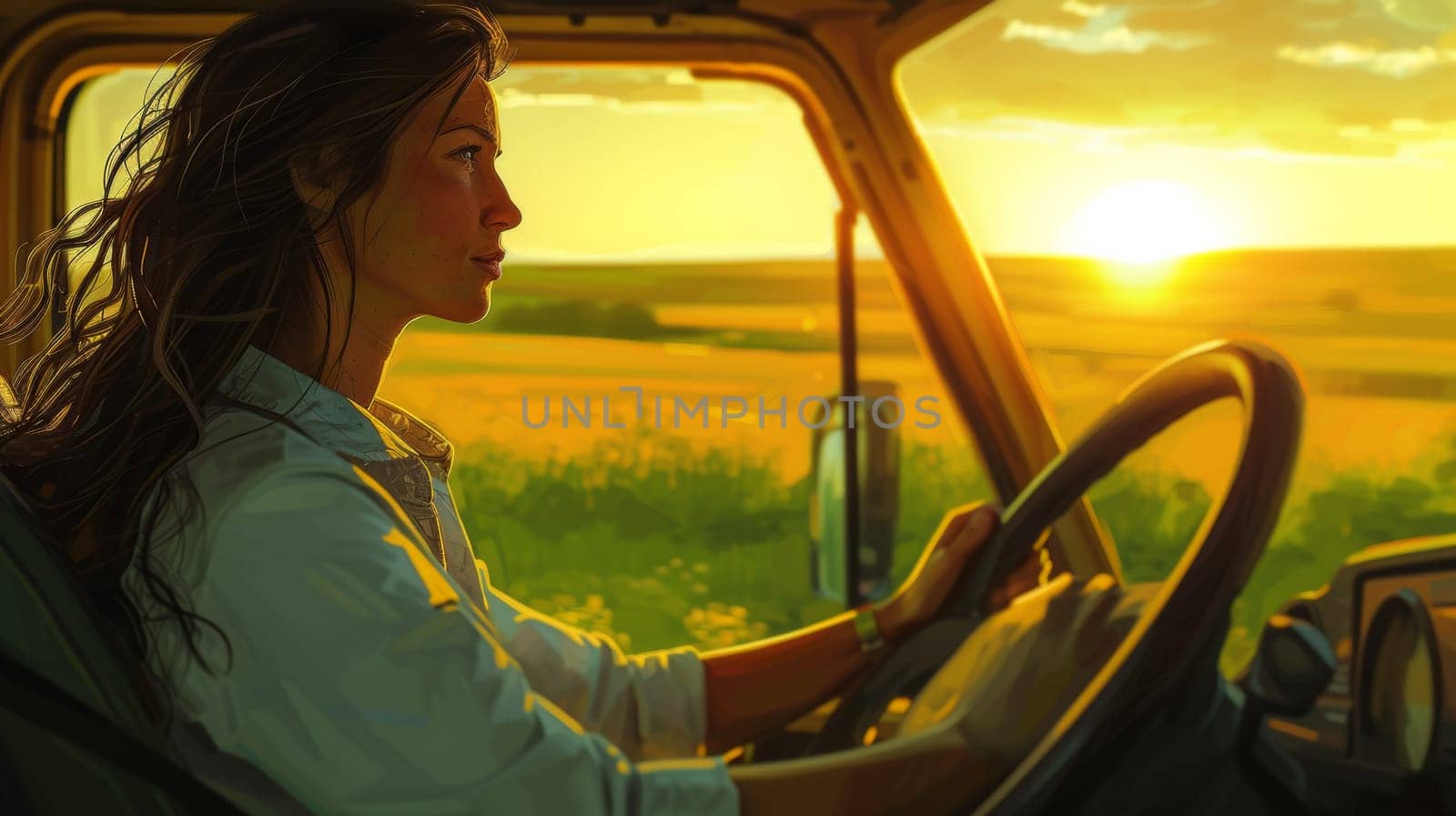 A woman driving a truck at sunset with the sun setting behind her