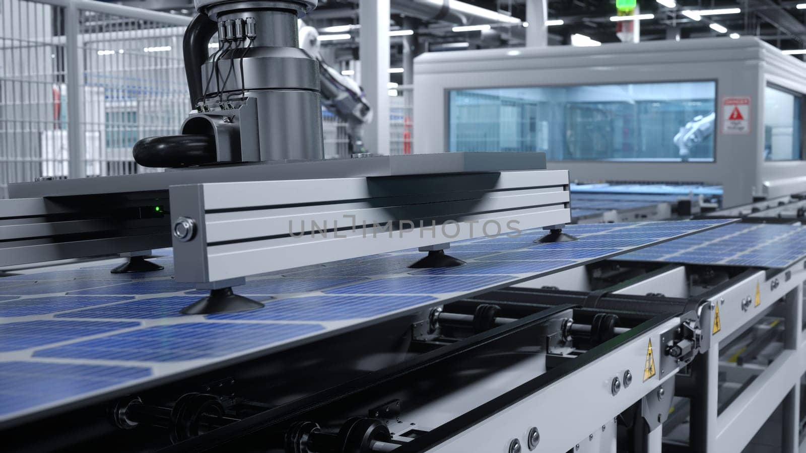 Solar panel placed on conveyor belt, polished by automatic machinery, 3D render by DCStudio