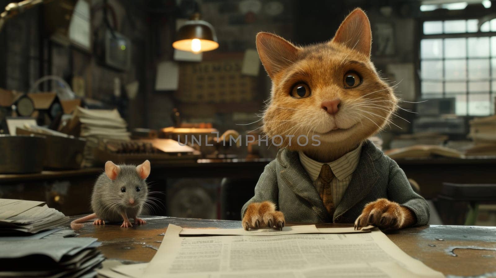 A cat in a suit and tie sitting at the desk with two mice