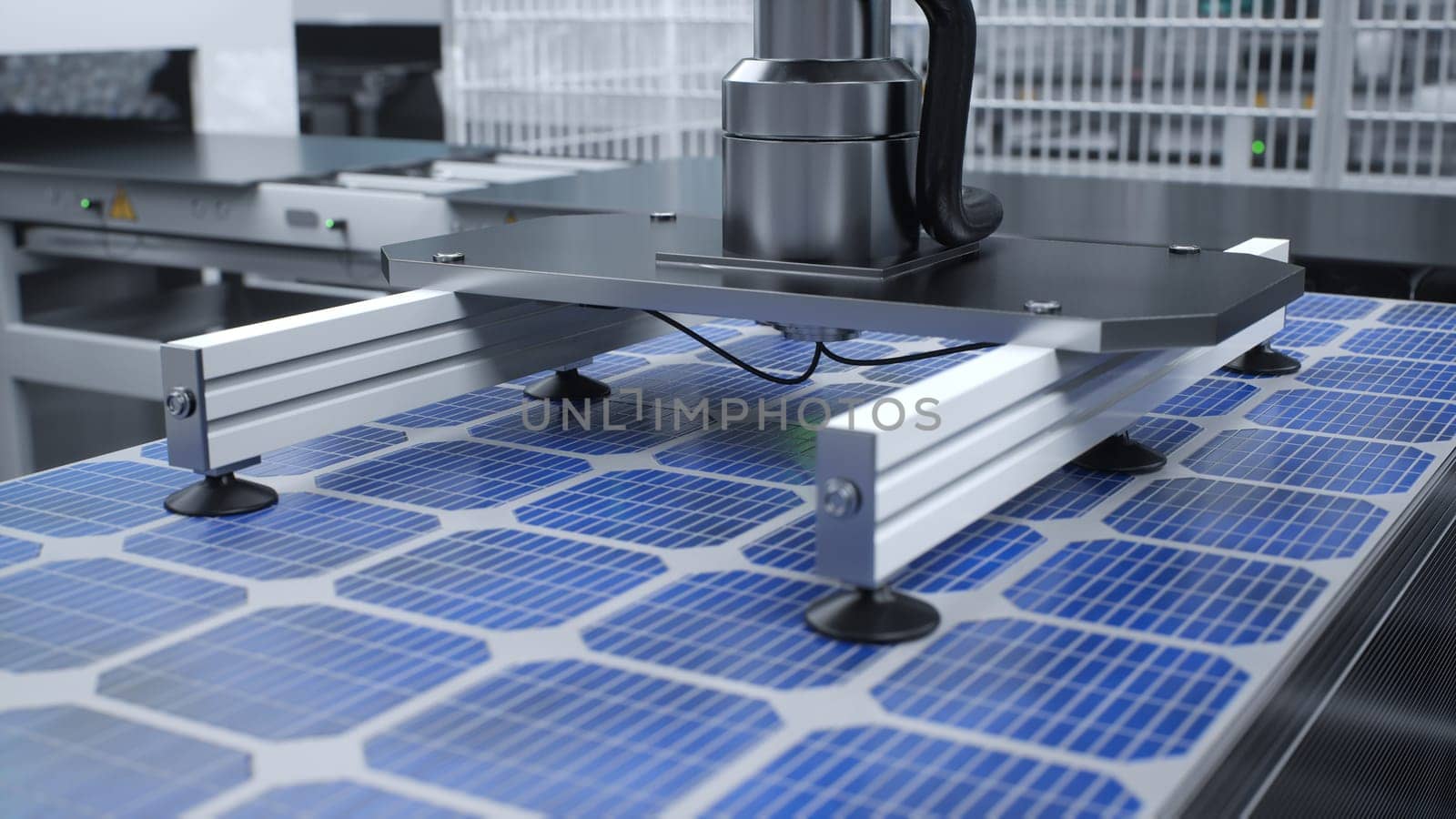 Solar panel placed on conveyor belt, operated by high tech robot arm, render by DCStudio