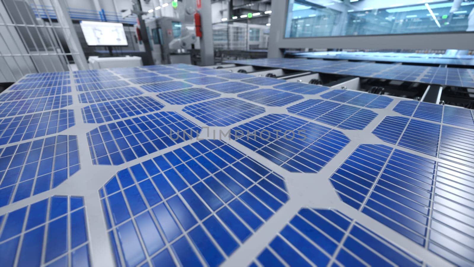 Solar panel placed on conveyor belt, operated by industrial robot arm, moving around facility, 3D illustration. Close up of photovoltaic cell produced in green energy manufacturing warehouse