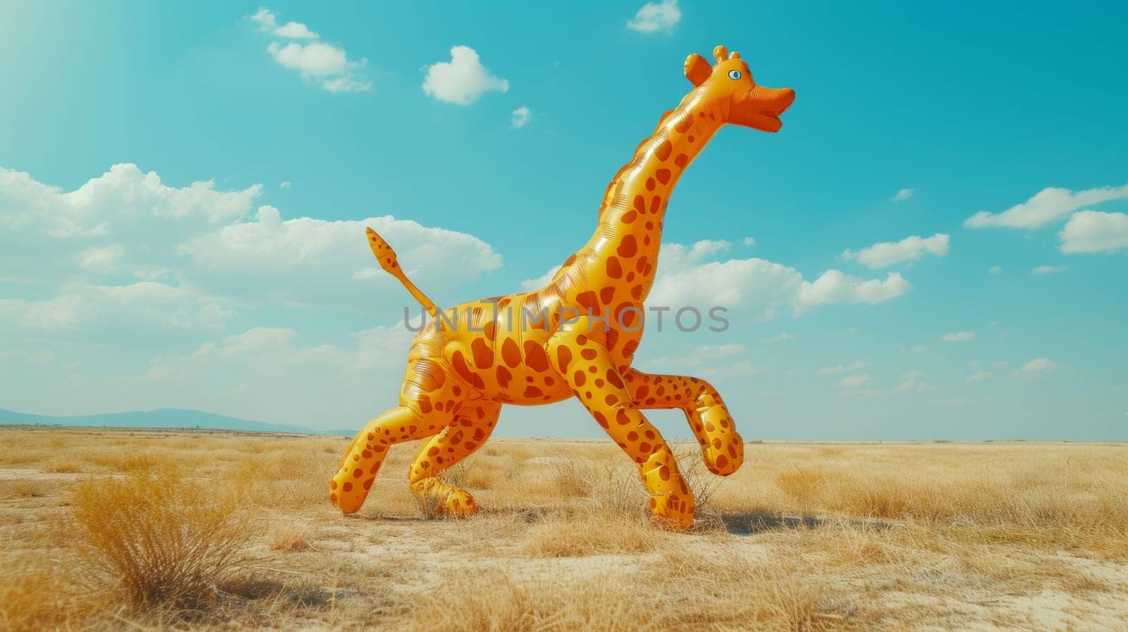 A large inflatable giraffe running through a dry grassy field