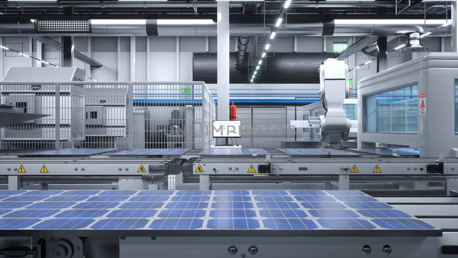 Business producing solar panels in factory with robotic arms placing photovoltaic modules on conveyor belts, 3D render. Manufacturing facility producing solar cells for renewable energy industry