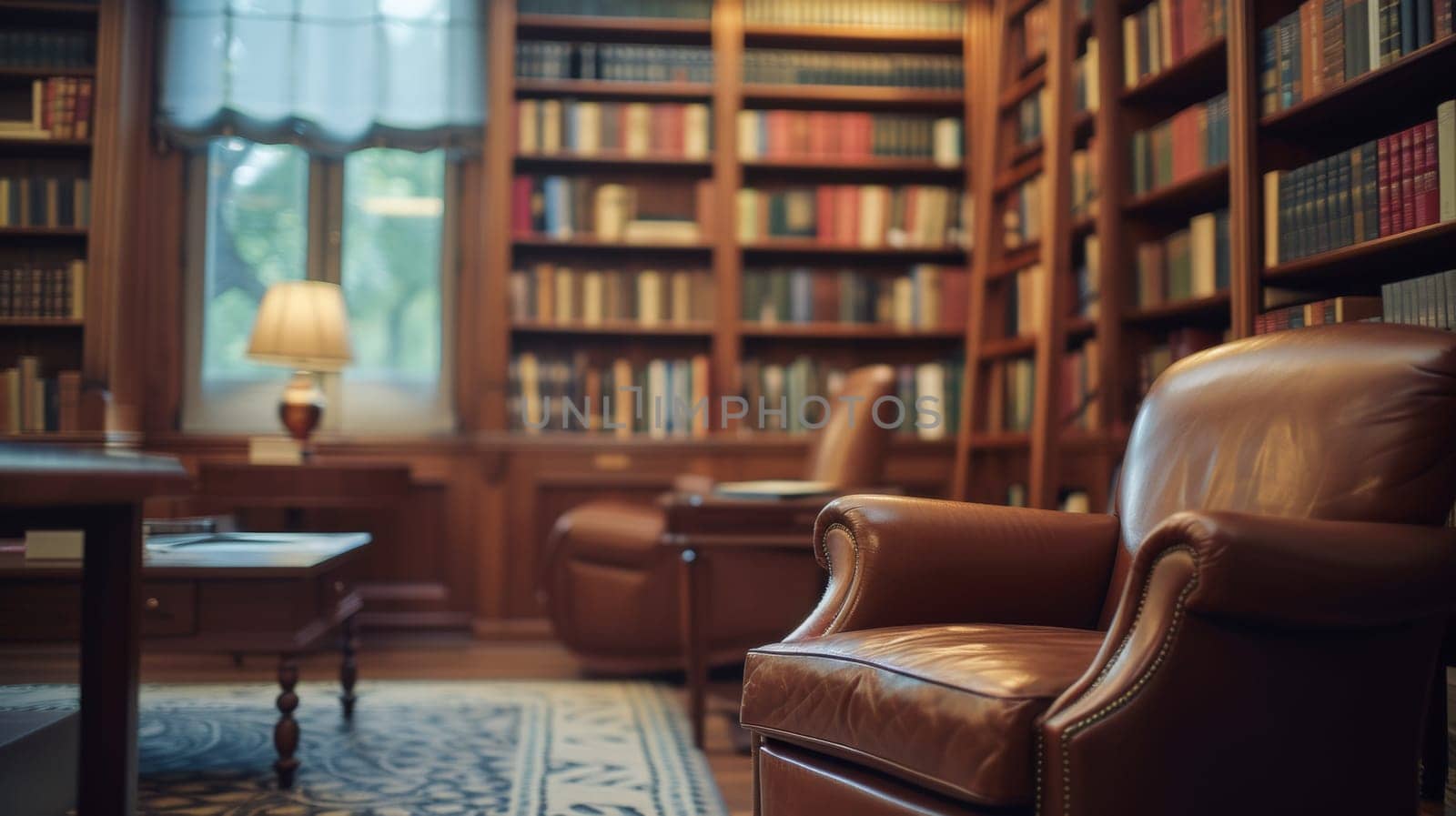 A chair in a library with bookshelves and windows