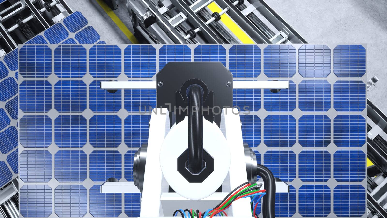 Robot arm placing PV cells on assembly lines, 3D rendering by DCStudio