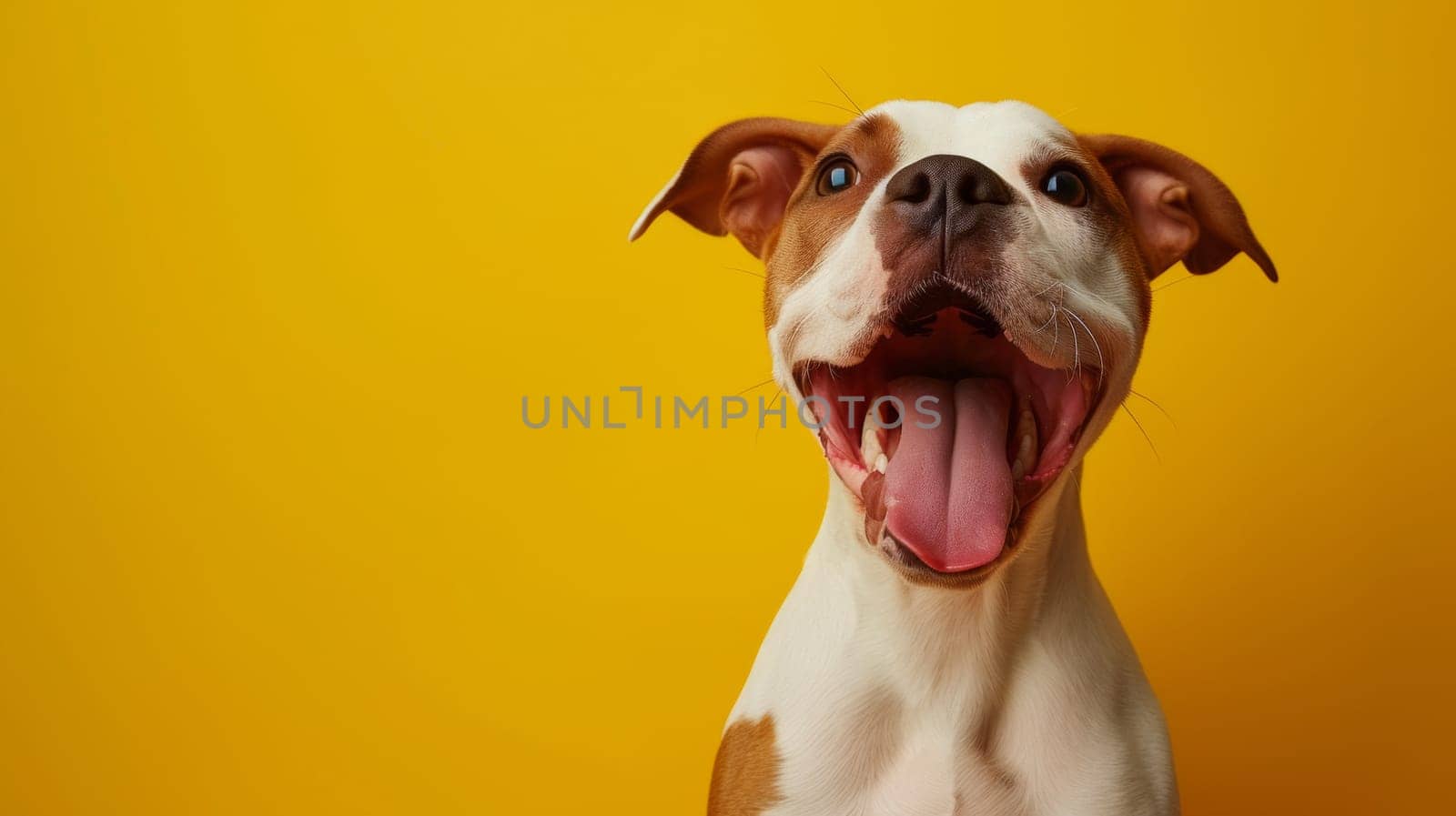 A dog with its mouth open and tongue out on a yellow background