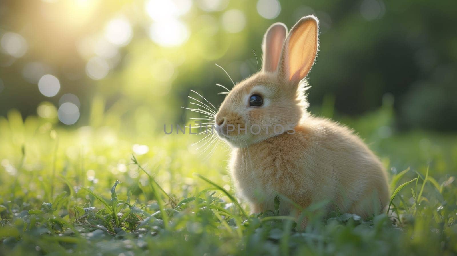 A small rabbit sitting in the grass with sunlight shining on it, AI by starush
