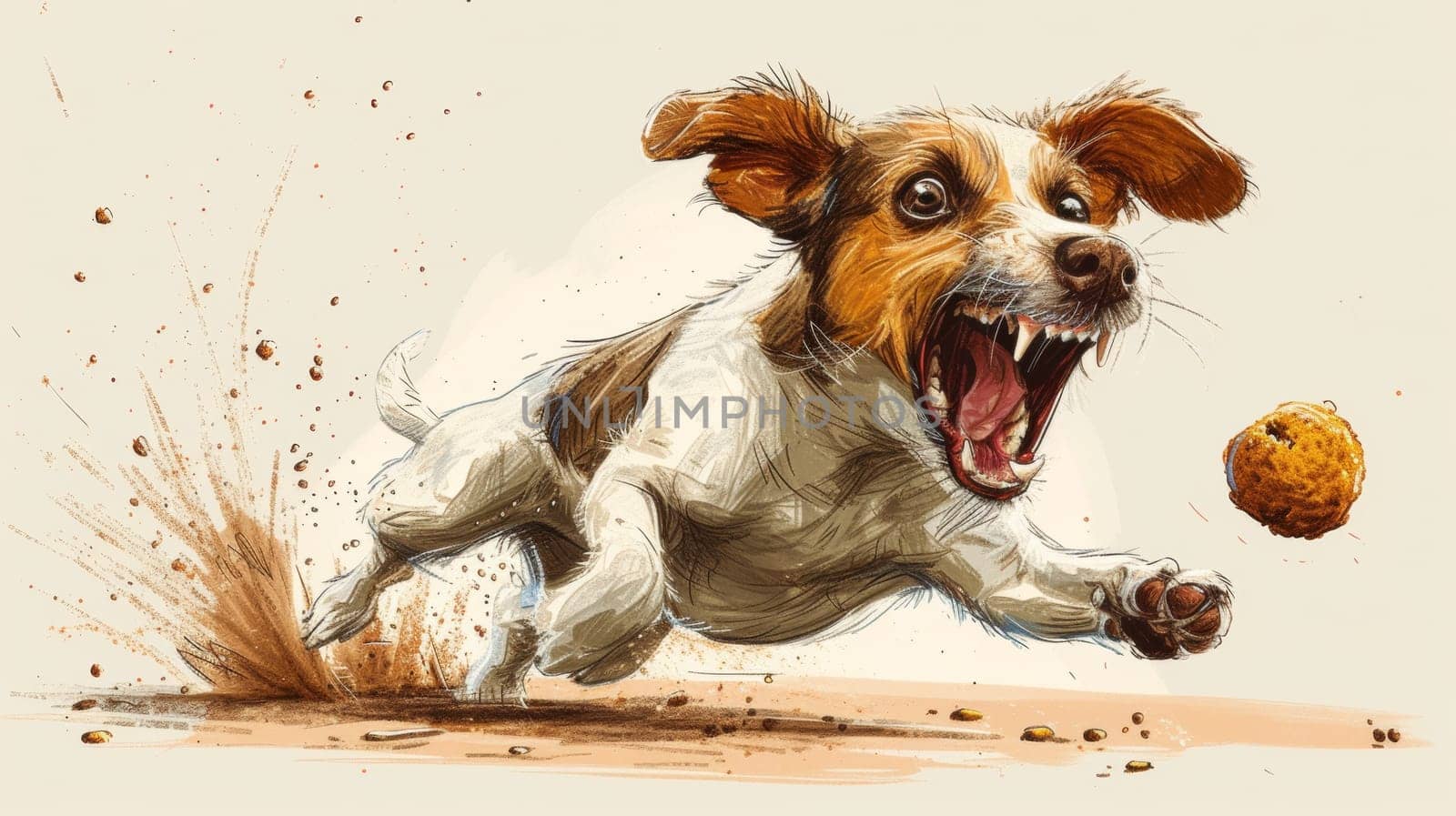 A dog running with a ball in his mouth, and the ground is covered