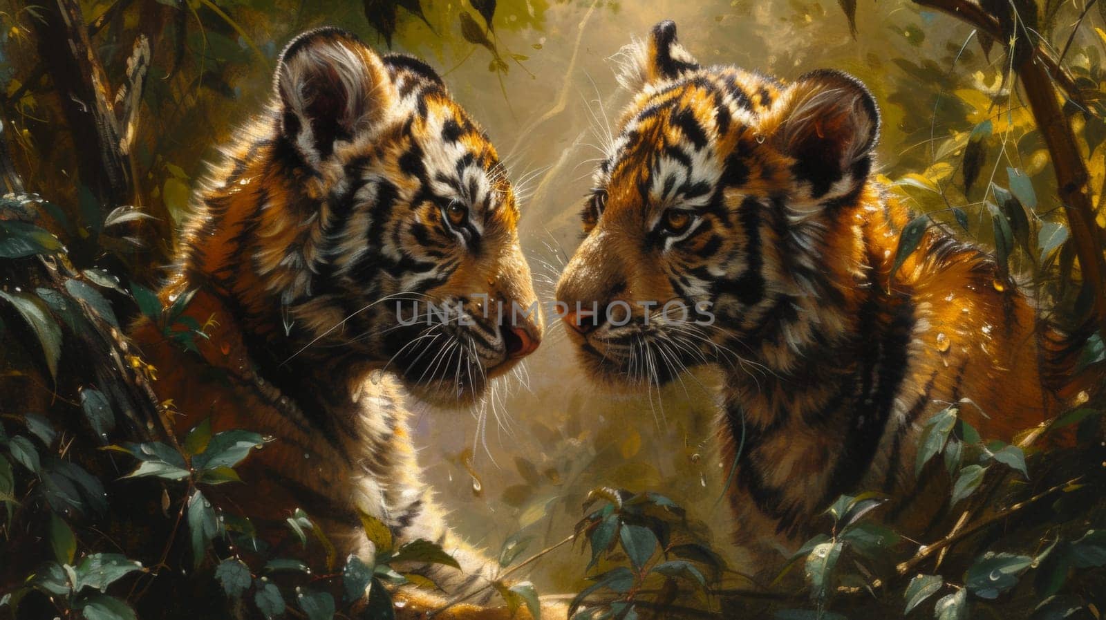 Two tiger cubs are looking at each other through the trees