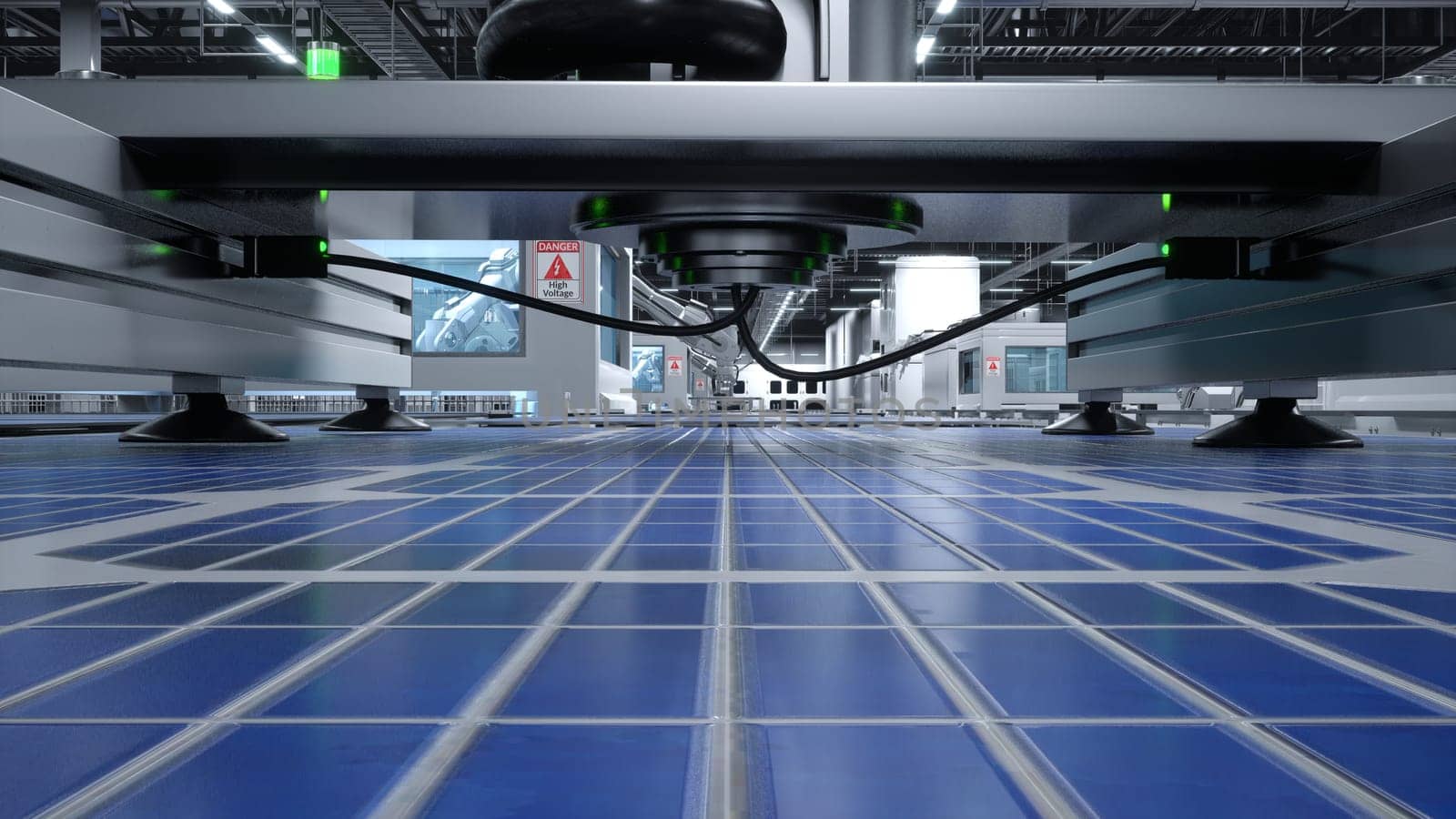 Solar panel placed on conveyor belt, moving around facility in high voltage area, 3D render. Close up shot of blue photovoltaic cell sitting on assembly line in manufacturing warehouse
