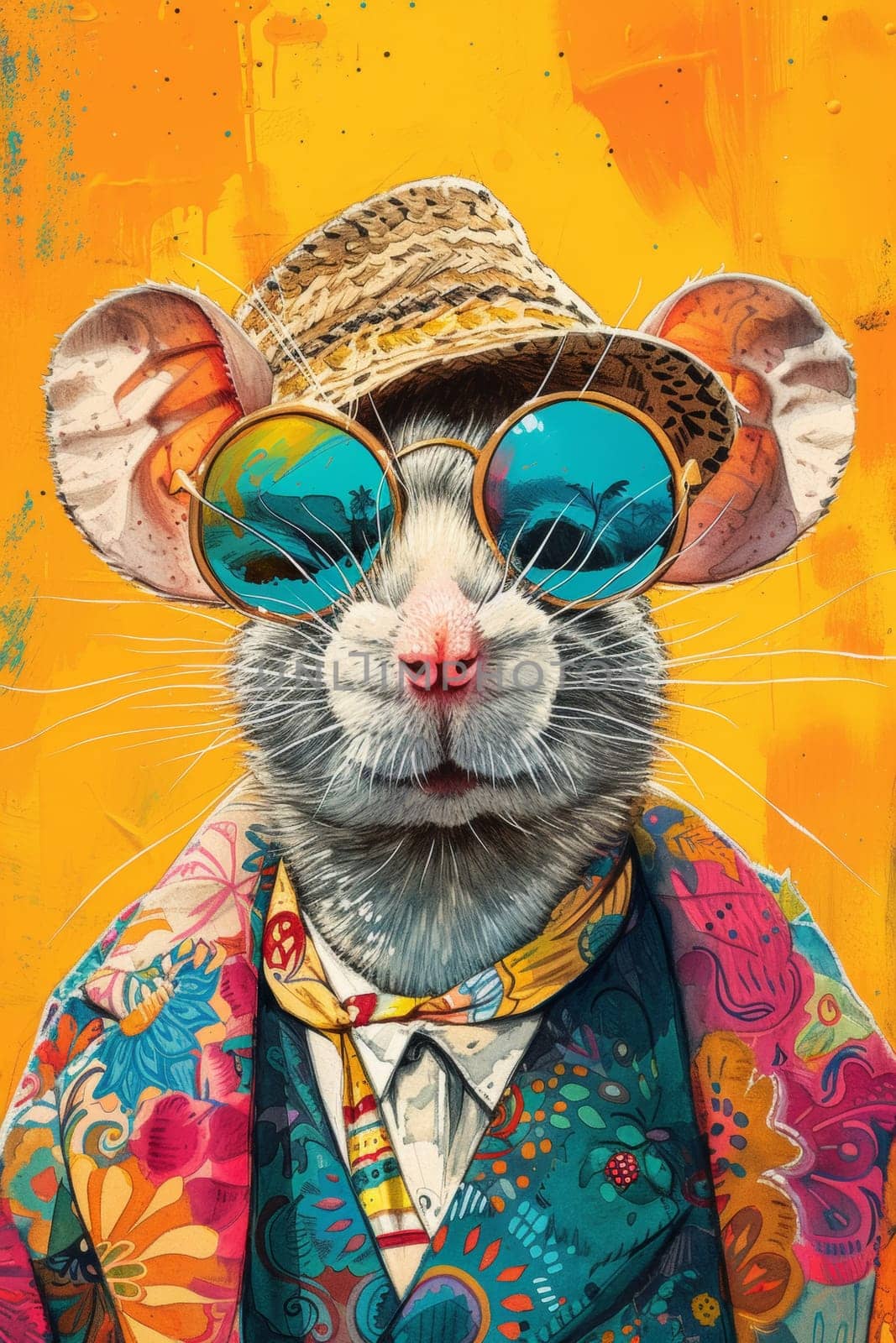 A rat wearing sunglasses and a hat with flowers on it, AI by starush