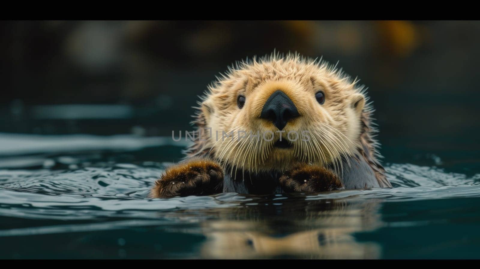 A close up of a sea otter swimming in the water