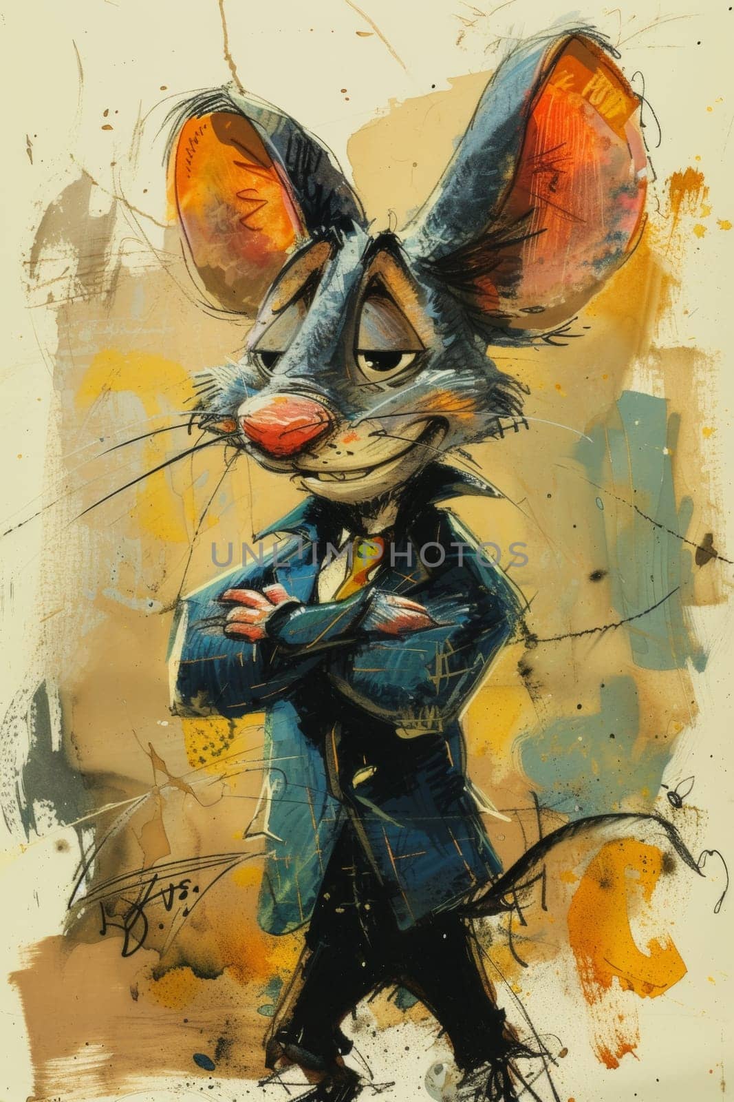 A cartoon mouse in a suit with his arms crossed, AI by starush