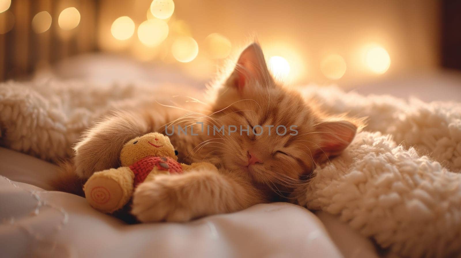 A small kitten sleeping with a teddy bear on top of the bed