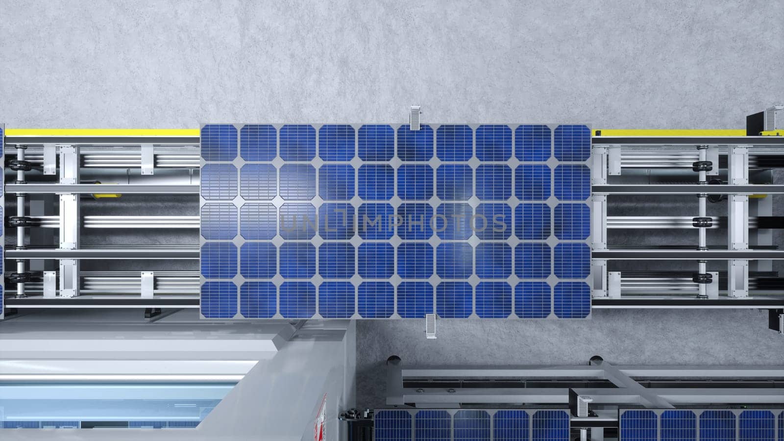 Aerial shot of photovoltaic cell on assembly line, 3D illustration by DCStudio
