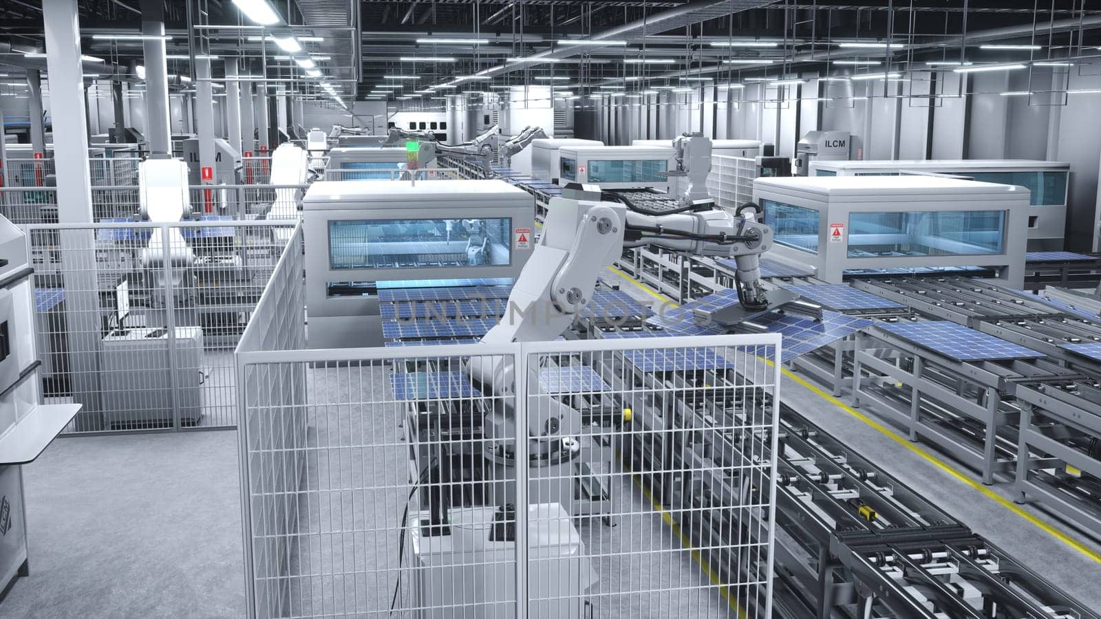 Industrial robot arms placing solar panels on large production line by DCStudio