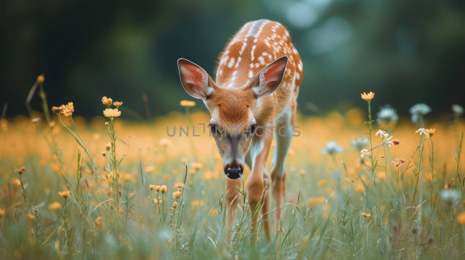A small deer is standing in a field of yellow flowers