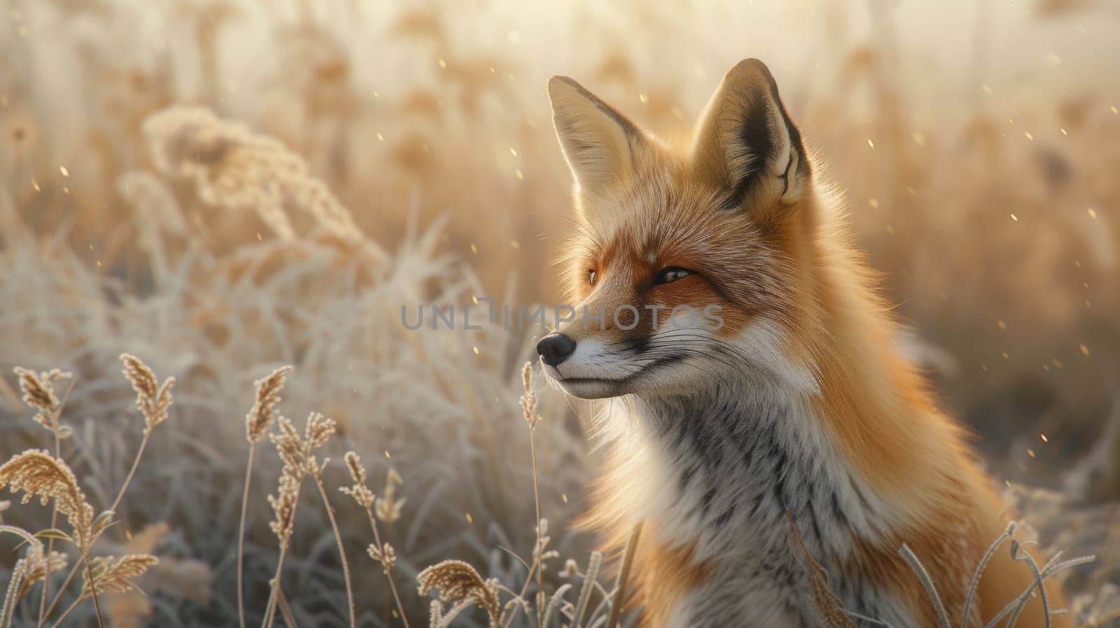 A close up of a fox in the grass with some flowers