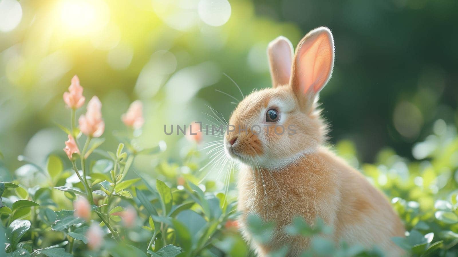 A small rabbit sitting in a field of flowers with green grass, AI by starush