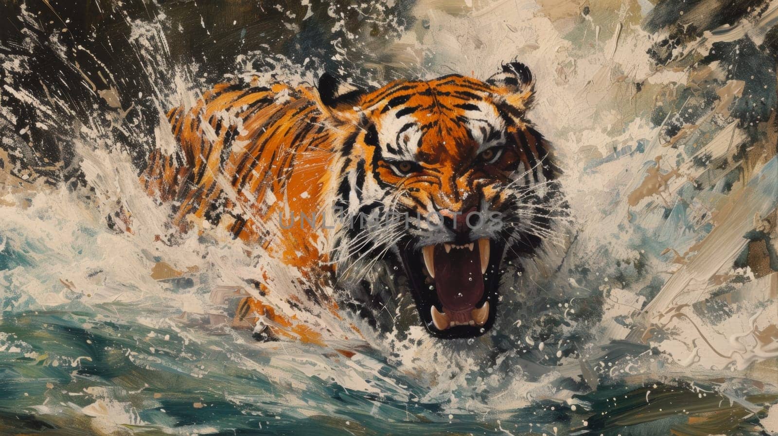 A painting of a tiger roaring in the water with its mouth open