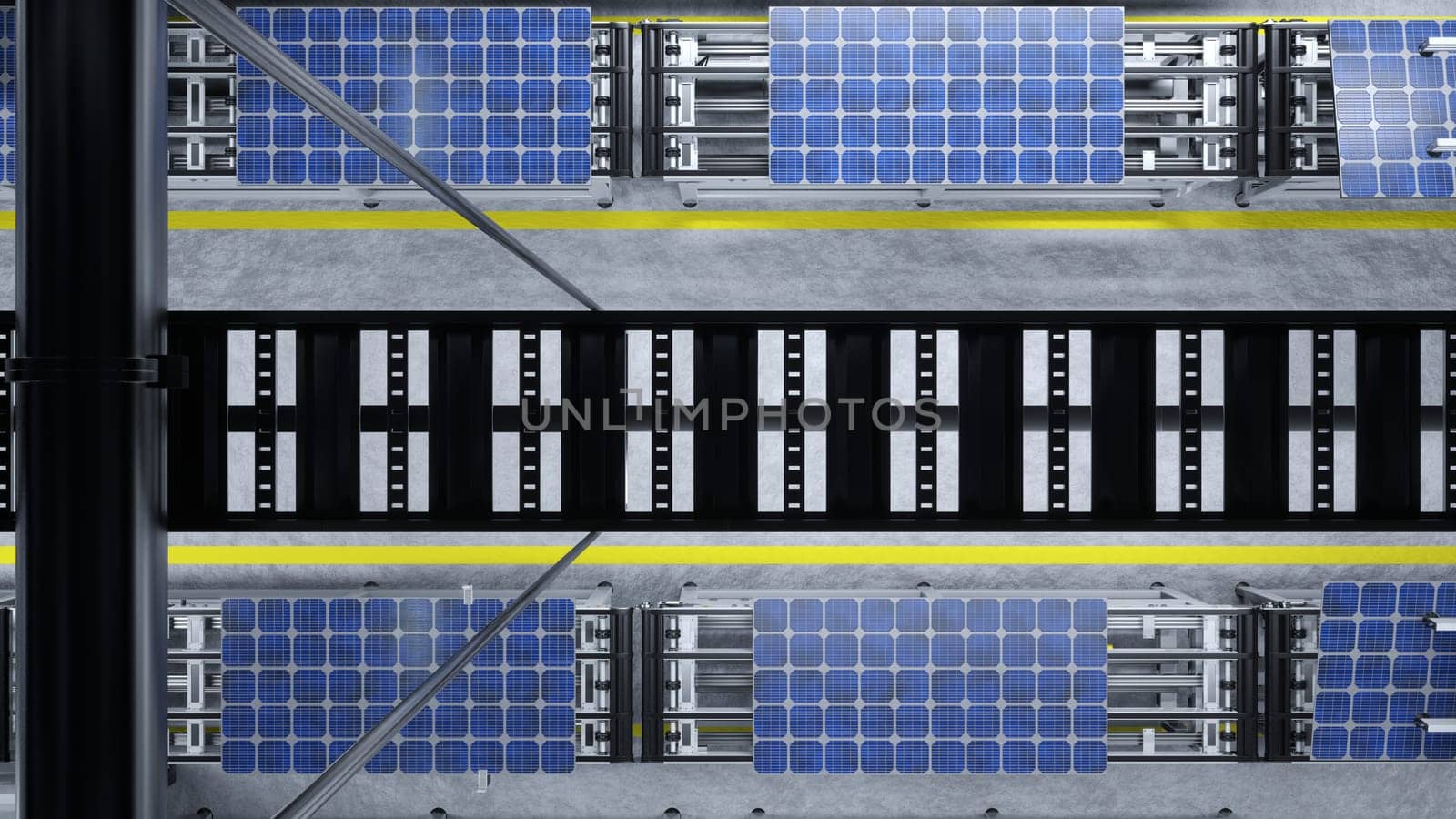 Top down view of solar panels on conveyor belts during cutting edge production process in green energy factory, 3D illustration. Aerial shot of photovoltaic cells on production line