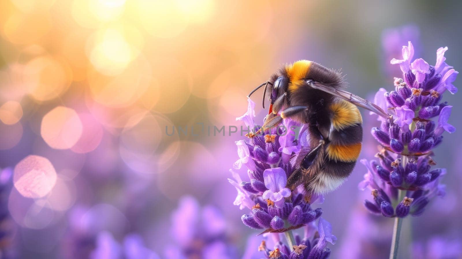 A bee is on a lavender flower with blurred background, AI by starush