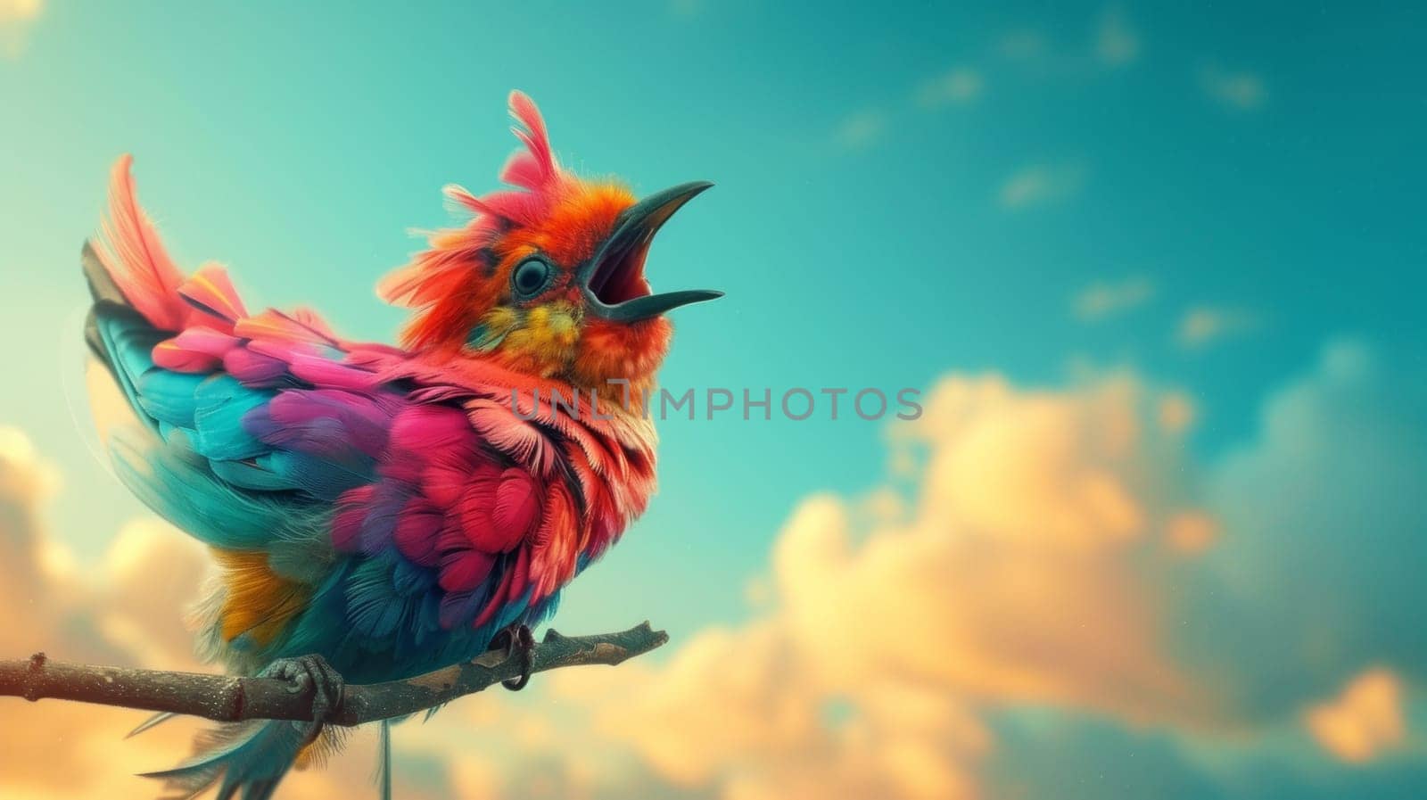 A colorful bird with a bright red beak sitting on top of a branch, AI by starush
