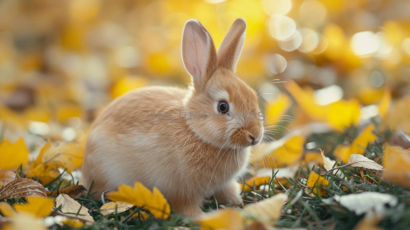 A small rabbit sitting in a field of yellow leaves