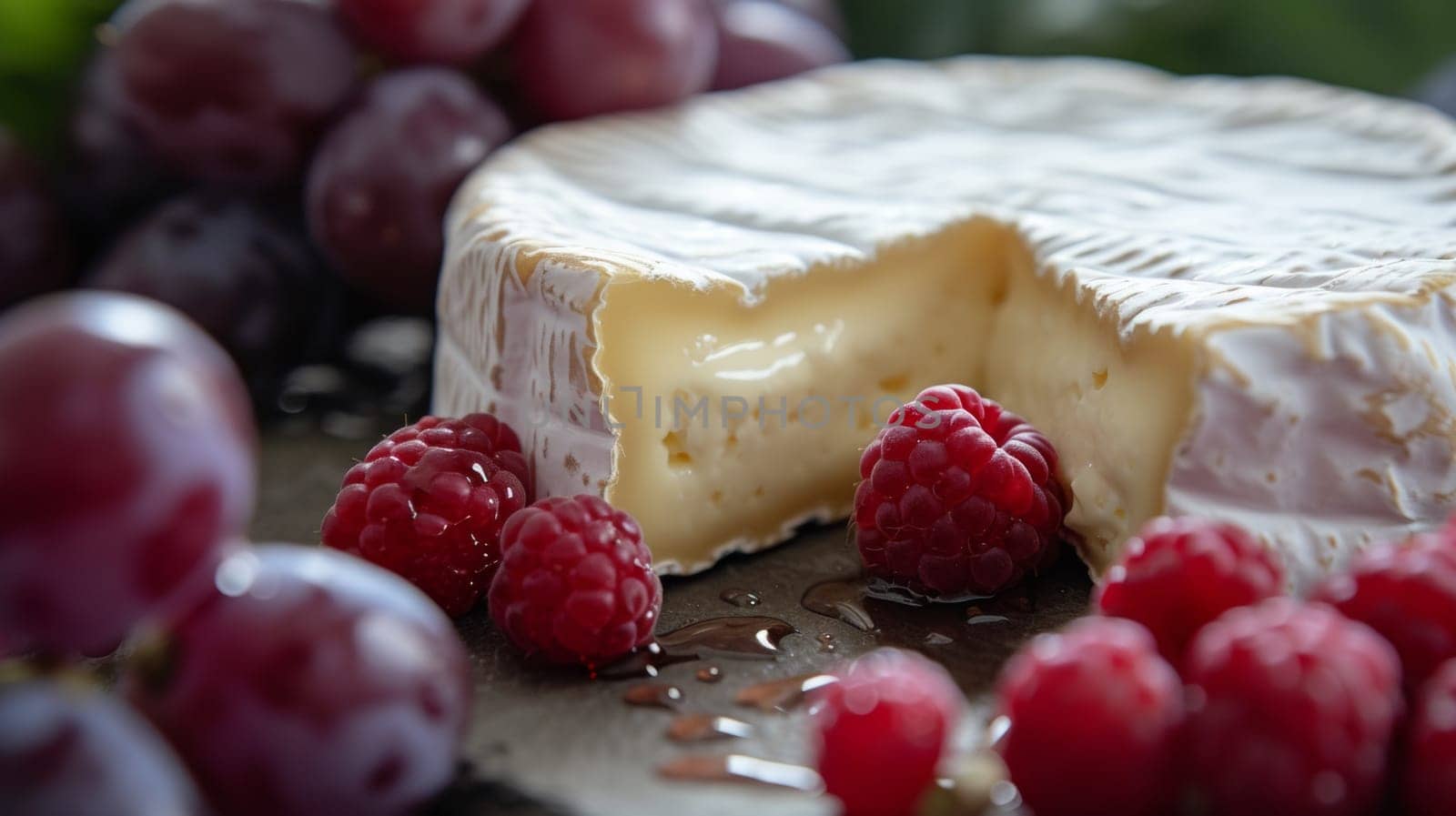 A cheese and raspberries are on a table with some grapes